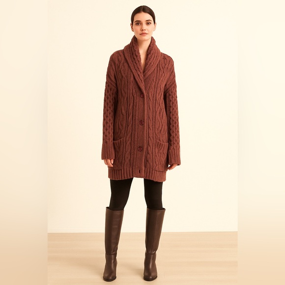 Skull Cashmere | Maroon Cable Knit Grandpa Button Front Cardigan Sweater - Picture 1 of 6